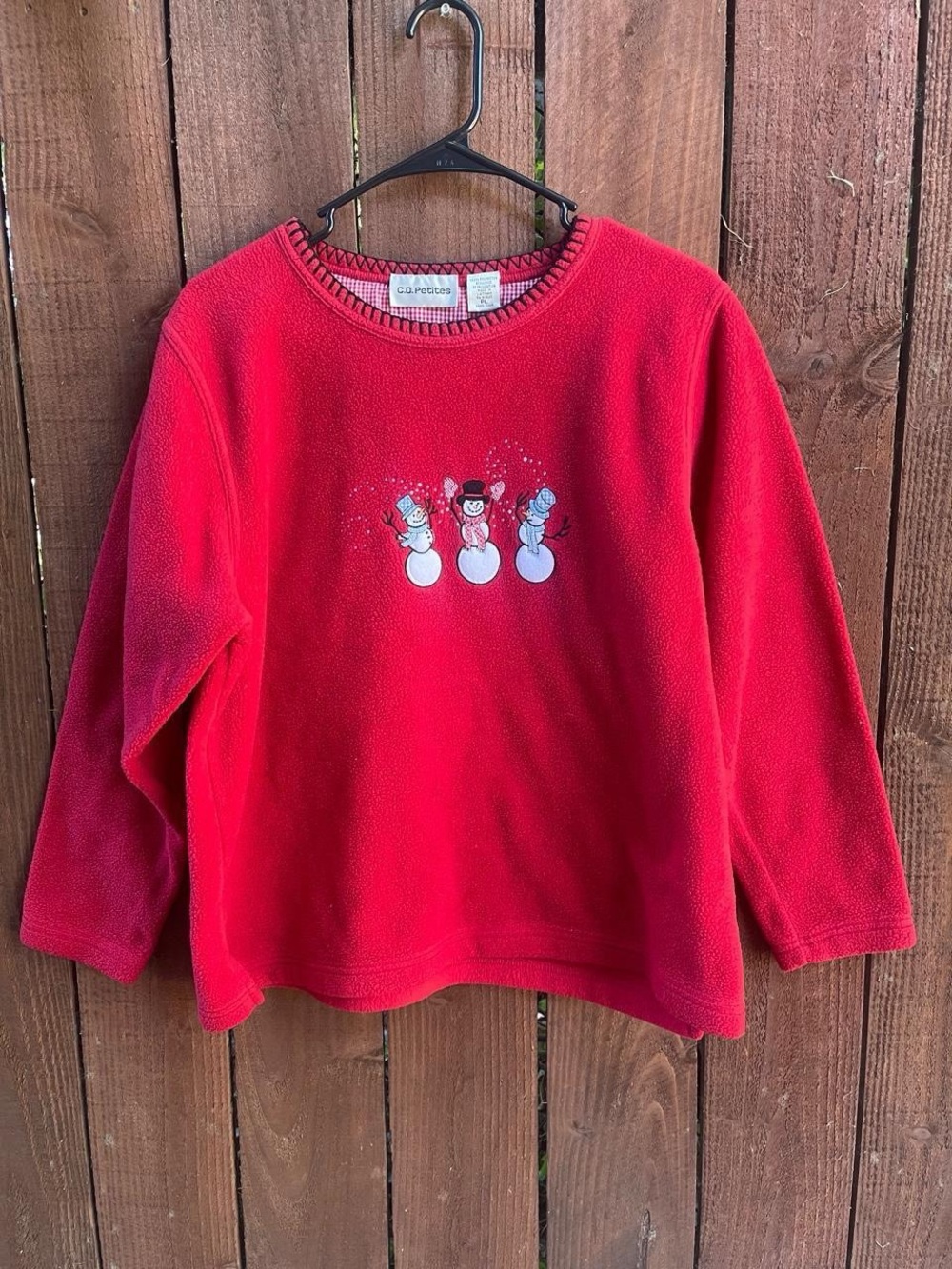 C.D. Petites Fleece Embroidered Snowman Red Christmas Cozy Sweater Sz PL